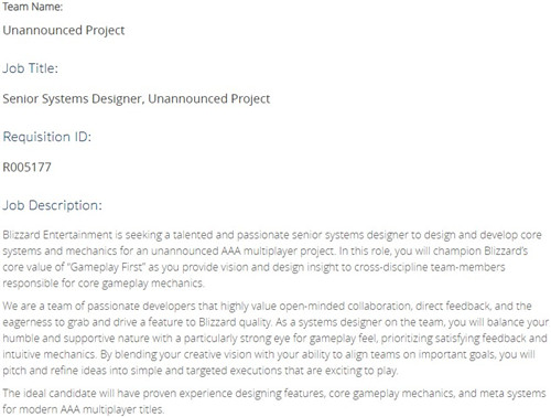 暴雪疑似计划开发一款射击游戏大作 发布大量招聘信息