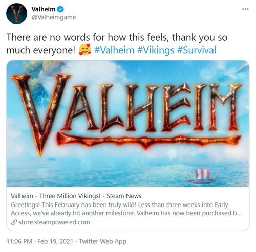 开放世界生存游戏《Valheim：英灵神殿》销量超过300万份