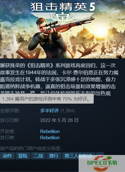 《狙击精英5》Steam评价回升：超7成玩家给出好评